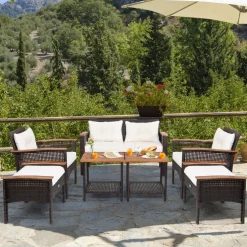 Tangkula 7 Piece Wicker Patio Furniture Set, Patiojoy Acacia Wood Patio Conversation Set (Off White)