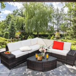 Tangkula 6 Piece Wicker Patio Furniture Set, Outdoor All Weather PE Rattan Conversation Set