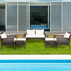 Tangkula 7 Piece Wicker Patio Furniture Set, Patiojoy Acacia Wood Patio Conversation Set (Off White)