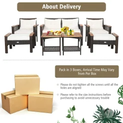 Tangkula 7 Piece Wicker Patio Furniture Set, Patiojoy Acacia Wood Patio Conversation Set (Off White)