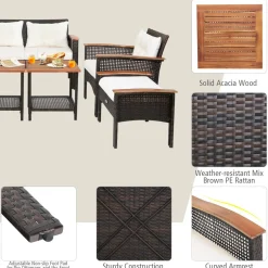 Tangkula 7 Piece Wicker Patio Furniture Set, Patiojoy Acacia Wood Patio Conversation Set (Off White)