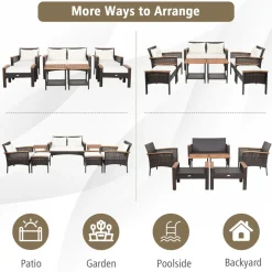 Tangkula 7 Piece Wicker Patio Furniture Set, Patiojoy Acacia Wood Patio Conversation Set (Off White)