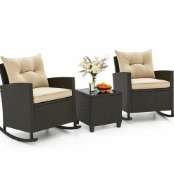Tangkula 3 Piece Wicker Rocking Set, Patio Rattan Roker Chairs with Tempered Glass Table & Soft Cushions