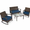 Tangkula 4 Piece Wicker Rocking Set, 2 Patio Rattan Rocker Chairs w/Loveseat & Coffee Table, Heavy-Duty Metal Frame & Bungee Rope Seat
