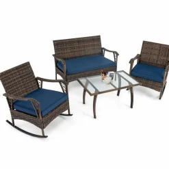 Tangkula 4 Piece Wicker Rocking Set, 2 Patio Rattan Rocker Chairs w/Loveseat & Coffee Table, Heavy-Duty Metal Frame & Bungee Rope Seat