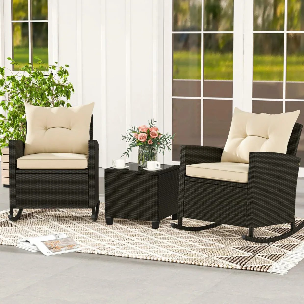 Tangkula 3 Piece Wicker Rocking Set, Patio Rattan Roker Chairs with Tempered Glass Table & Soft Cushions