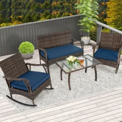 Tangkula 4 Piece Wicker Rocking Set, 2 Patio Rattan Rocker Chairs w/Loveseat & Coffee Table, Heavy-Duty Metal Frame & Bungee Rope Seat