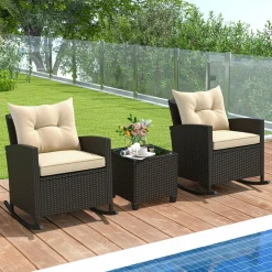 Tangkula 3 Piece Wicker Rocking Set, Patio Rattan Roker Chairs with Tempered Glass Table & Soft Cushions