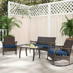 Tangkula 4 Piece Wicker Rocking Set, 2 Patio Rattan Rocker Chairs w/Loveseat & Coffee Table, Heavy-Duty Metal Frame & Bungee Rope Seat