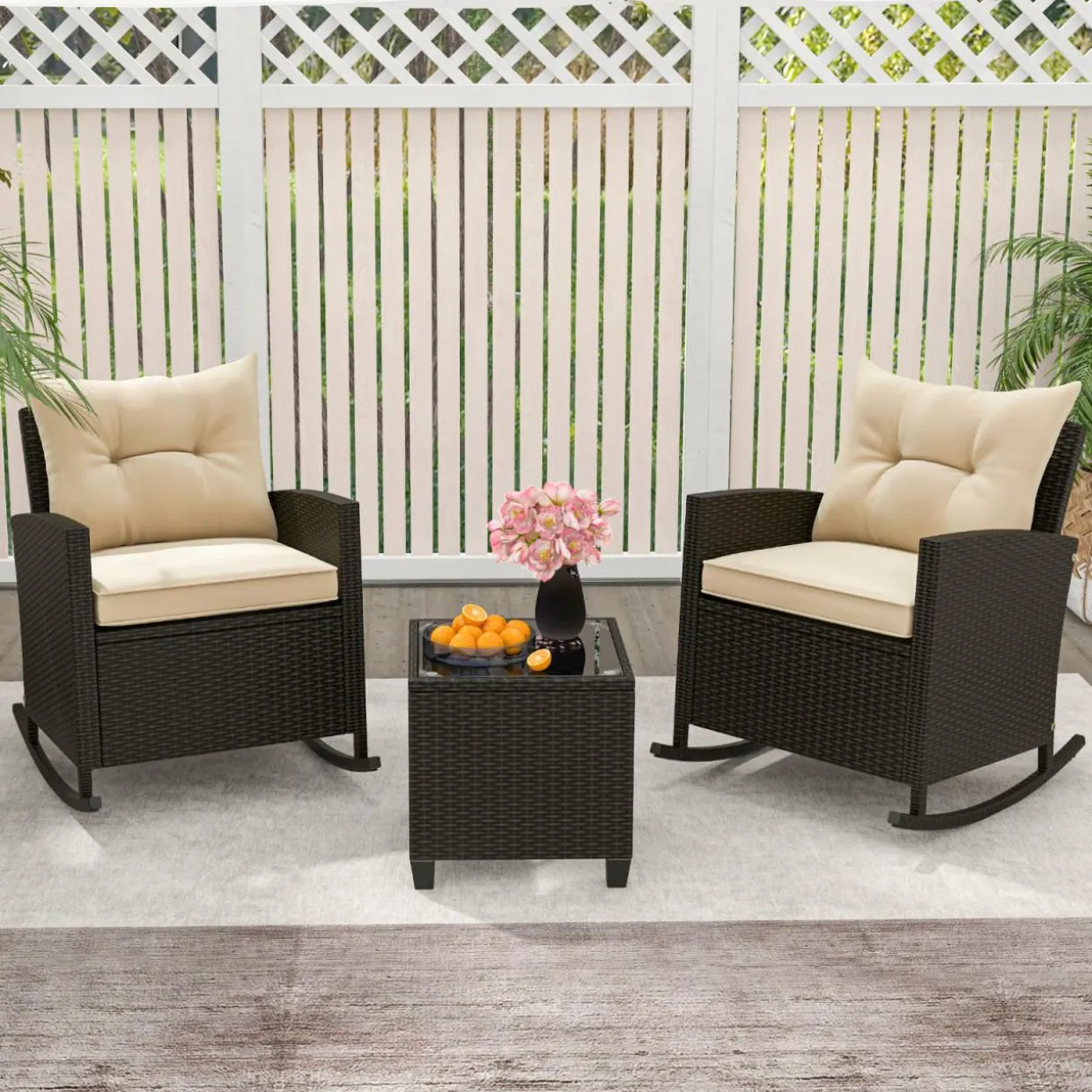 Tangkula 3 Piece Wicker Rocking Set, Patio Rattan Roker Chairs with Tempered Glass Table & Soft Cushions