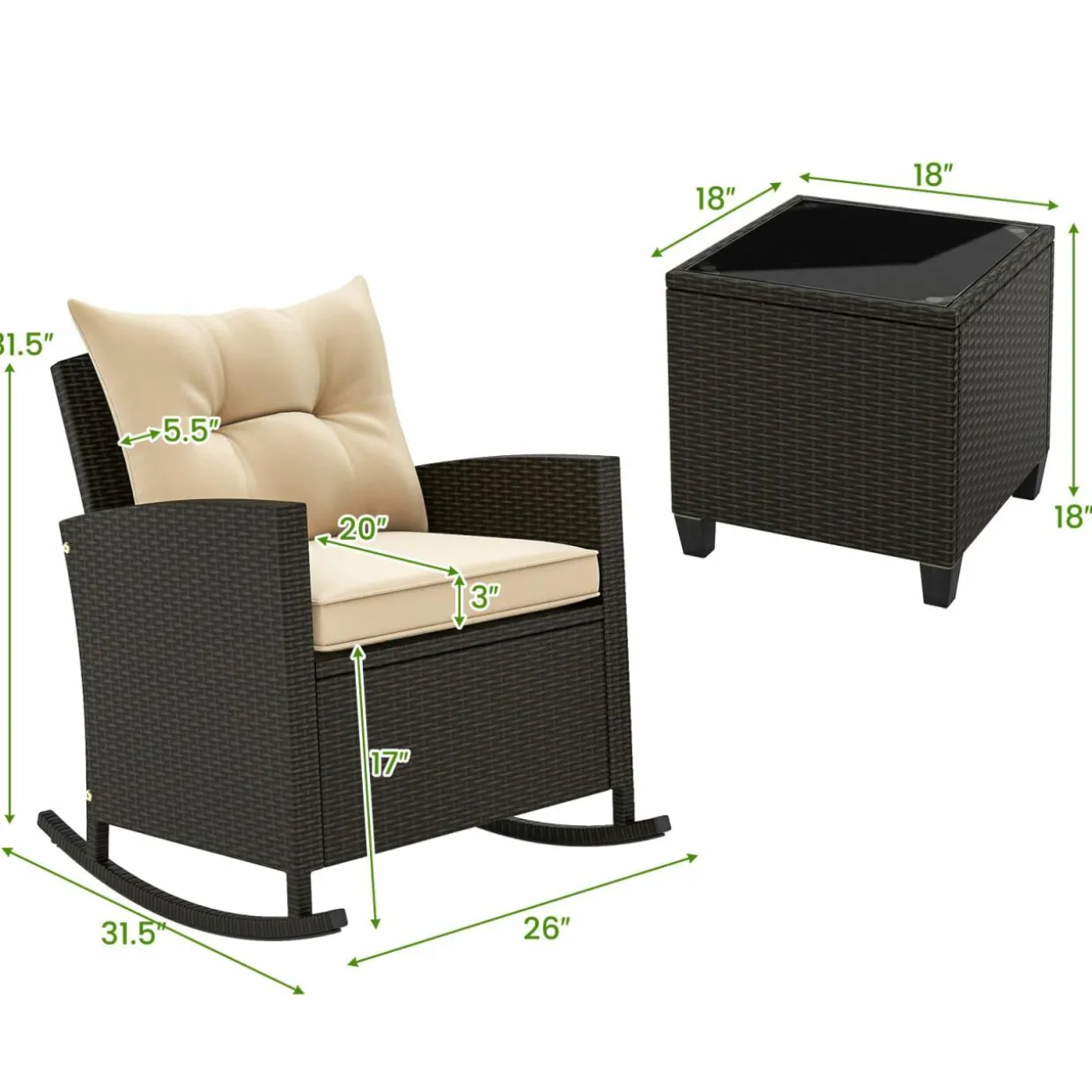 Tangkula 3 Piece Wicker Rocking Set, Patio Rattan Roker Chairs with Tempered Glass Table & Soft Cushions
