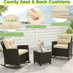 Tangkula 3 Piece Wicker Rocking Set, Patio Rattan Roker Chairs with Tempered Glass Table & Soft Cushions