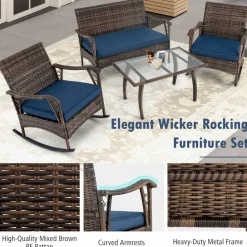 Tangkula 4 Piece Wicker Rocking Set, 2 Patio Rattan Rocker Chairs w/Loveseat & Coffee Table, Heavy-Duty Metal Frame & Bungee Rope Seat