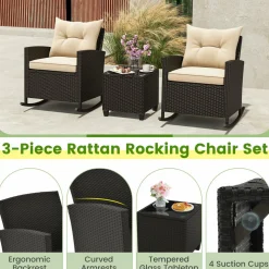 Tangkula 3 Piece Wicker Rocking Set, Patio Rattan Roker Chairs with Tempered Glass Table & Soft Cushions