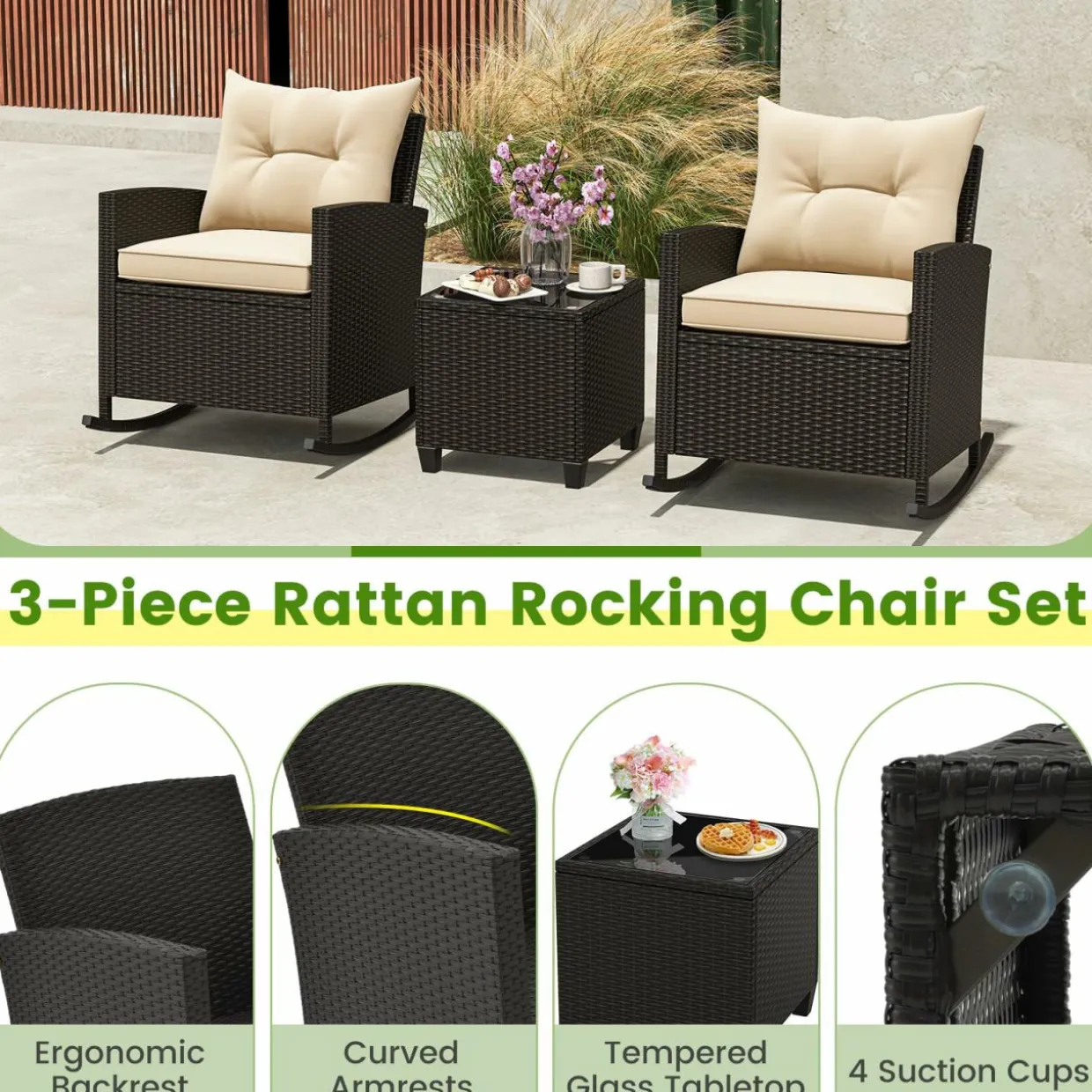 Tangkula 3 Piece Wicker Rocking Set, Patio Rattan Roker Chairs with Tempered Glass Table & Soft Cushions