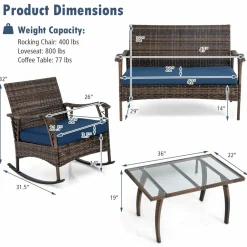 Tangkula 4 Piece Wicker Rocking Set, 2 Patio Rattan Rocker Chairs w/Loveseat & Coffee Table, Heavy-Duty Metal Frame & Bungee Rope Seat