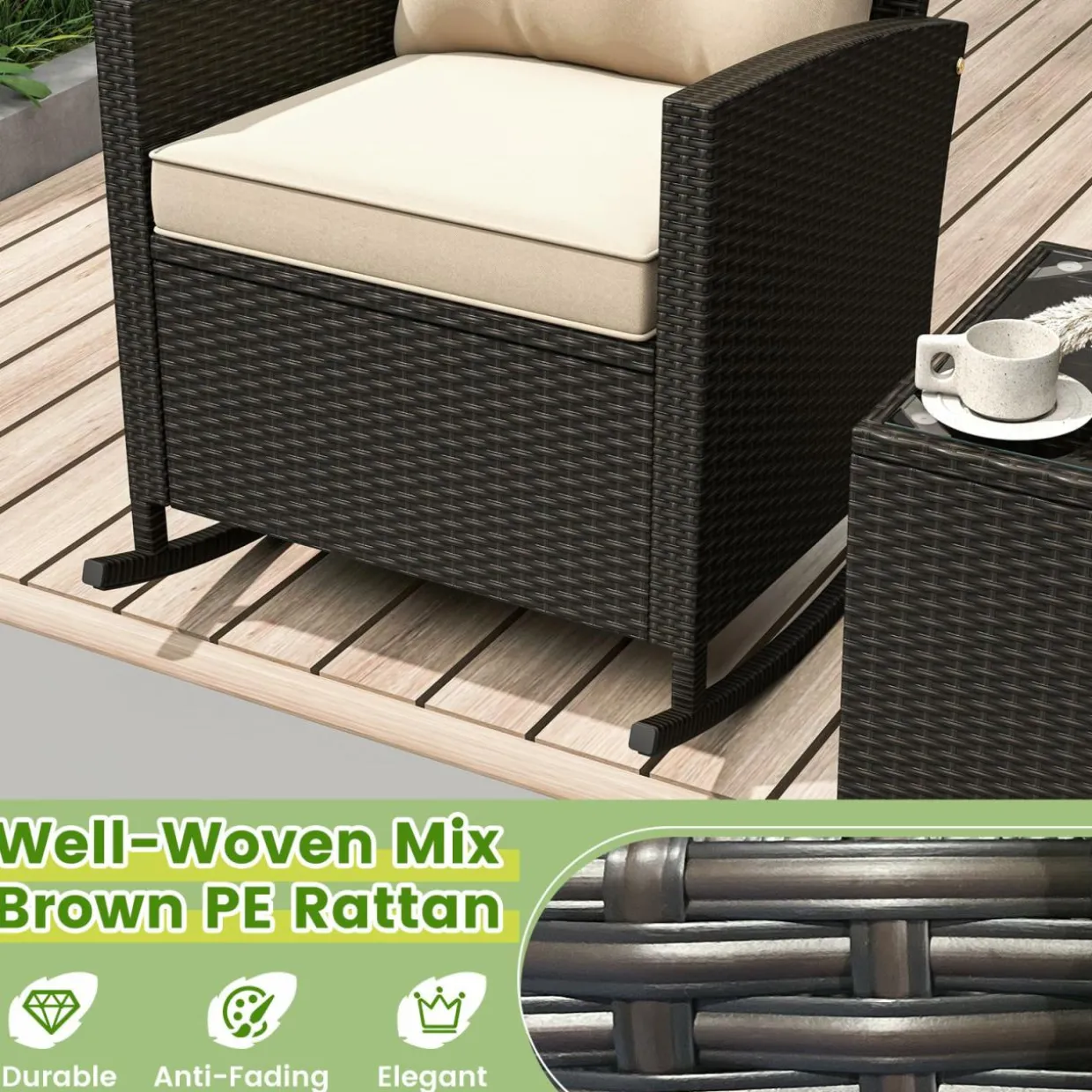 Tangkula 3 Piece Wicker Rocking Set, Patio Rattan Roker Chairs with Tempered Glass Table & Soft Cushions