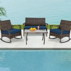 Tangkula 4 Piece Wicker Rocking Set, 2 Patio Rattan Rocker Chairs w/Loveseat & Coffee Table, Heavy-Duty Metal Frame & Bungee Rope Seat
