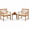 Tangkula 3 Piece Wood Patio Furniture Set, Outdoor Bistro Set w/Soft Seat Cushions