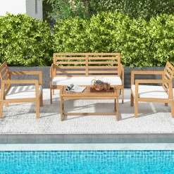Tangkula 4 Piece Wood Patio Conversation Set, Patio Furniture Set w/Seat Cushions