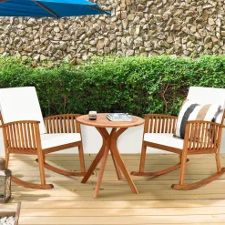 Tangkula 3 Piece Wood Patio Rocking Chair Set, Outdoor Acacia Wood Rocker Set with Round Table