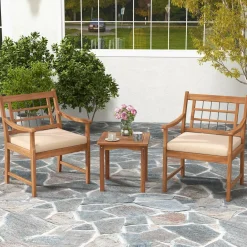 Tangkula 3 Piece Wood Patio Furniture Set, Outdoor Bistro Set w/Soft Seat Cushions