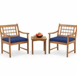 Tangkula 3 Piece Wood Patio Furniture Set, Outdoor Bistro Set w/Soft Seat Cushions