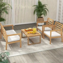 Tangkula 4 Piece Wood Patio Conversation Set, Patio Furniture Set w/Seat Cushions