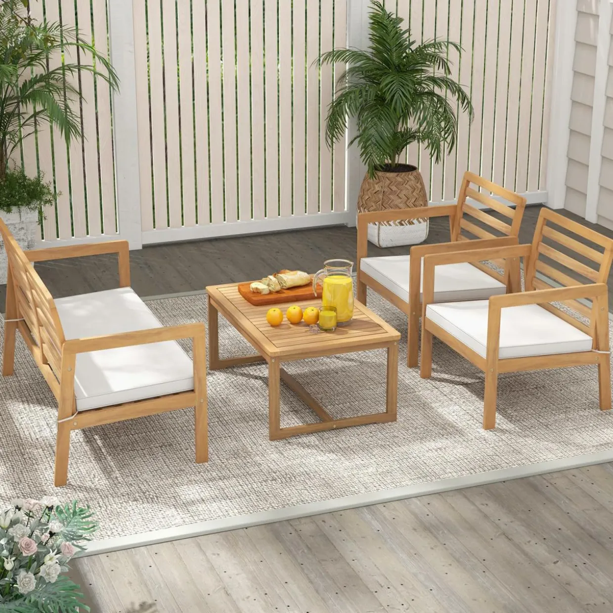 Tangkula 4 Piece Wood Patio Conversation Set, Patio Furniture Set w/Seat Cushions