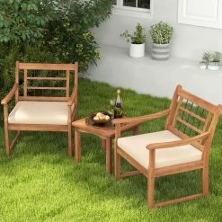 Tangkula 3 Piece Wood Patio Furniture Set, Outdoor Bistro Set w/Soft Seat Cushions