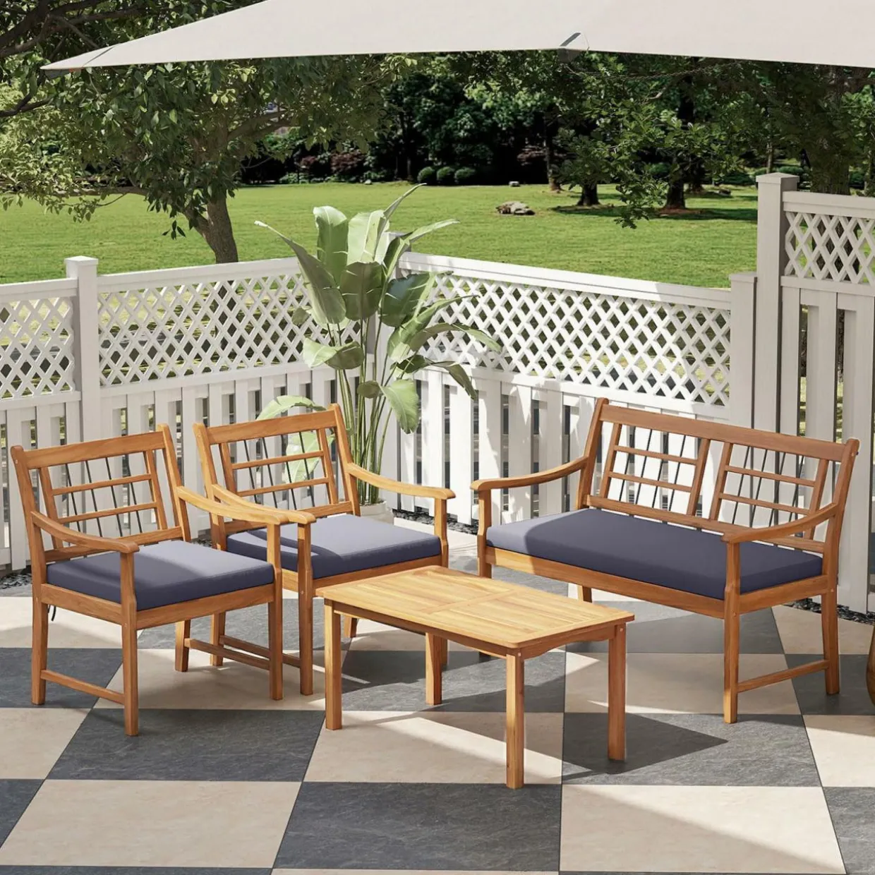 Tangkula 4 Piece Wood Patio Furniture Set, Outdoor Conversation Set w/Soft Seat Cushions