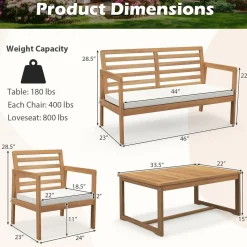 Tangkula 4 Piece Wood Patio Conversation Set, Patio Furniture Set w/Seat Cushions