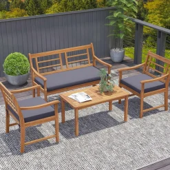 Tangkula 4 Piece Wood Patio Furniture Set, Outdoor Conversation Set w/Soft Seat Cushions