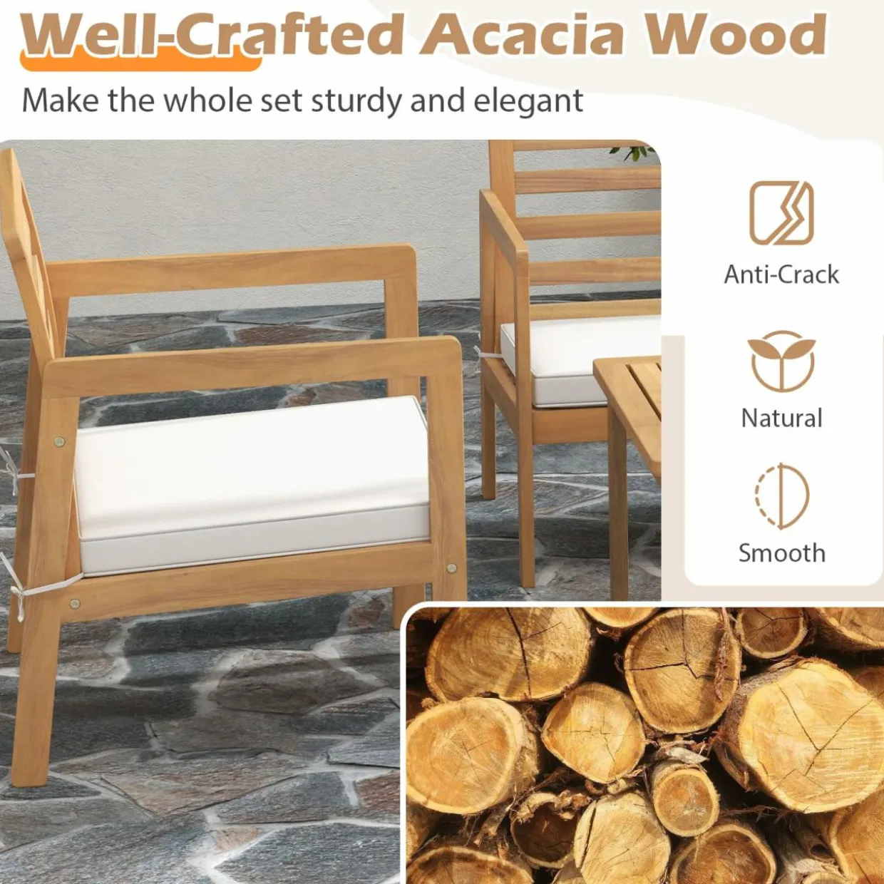 Tangkula 4 Piece Wood Patio Conversation Set, Patio Furniture Set w/Seat Cushions