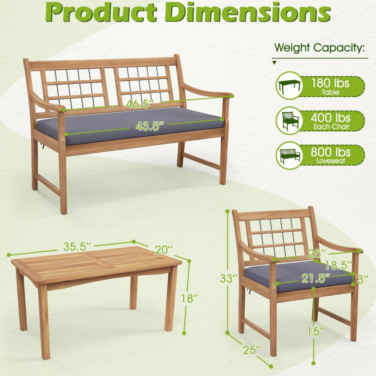 Tangkula 4 Piece Wood Patio Furniture Set, Outdoor Conversation Set w/Soft Seat Cushions