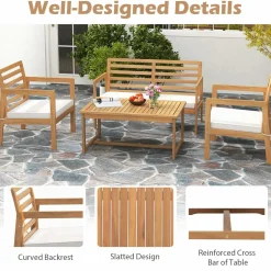 Tangkula 4 Piece Wood Patio Conversation Set, Patio Furniture Set w/Seat Cushions