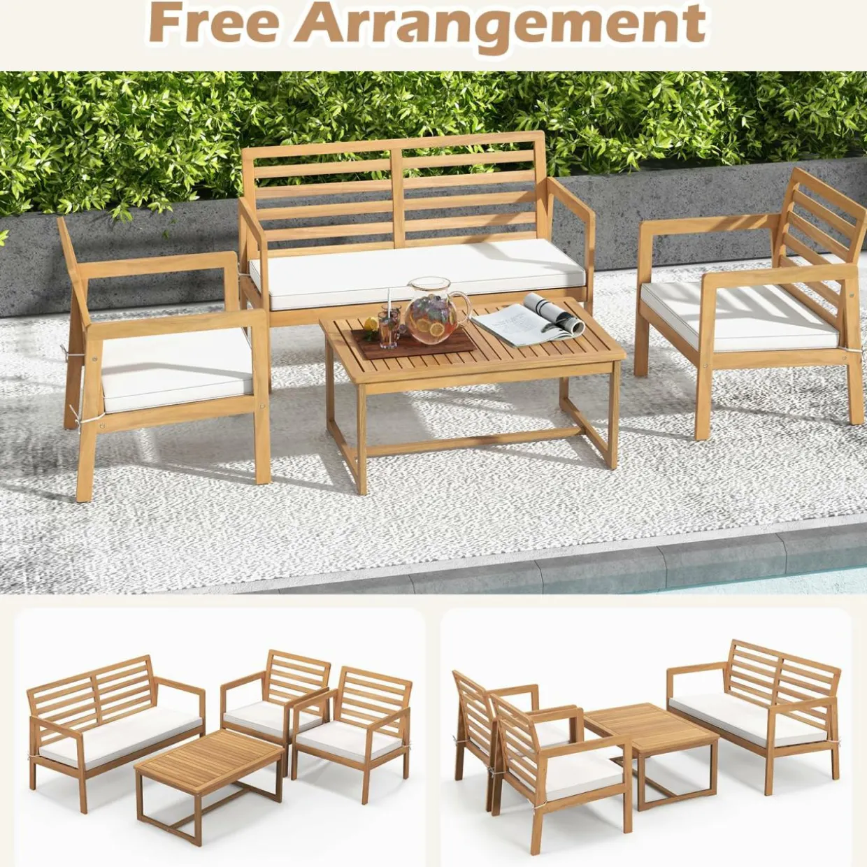 Tangkula 4 Piece Wood Patio Conversation Set, Patio Furniture Set w/Seat Cushions