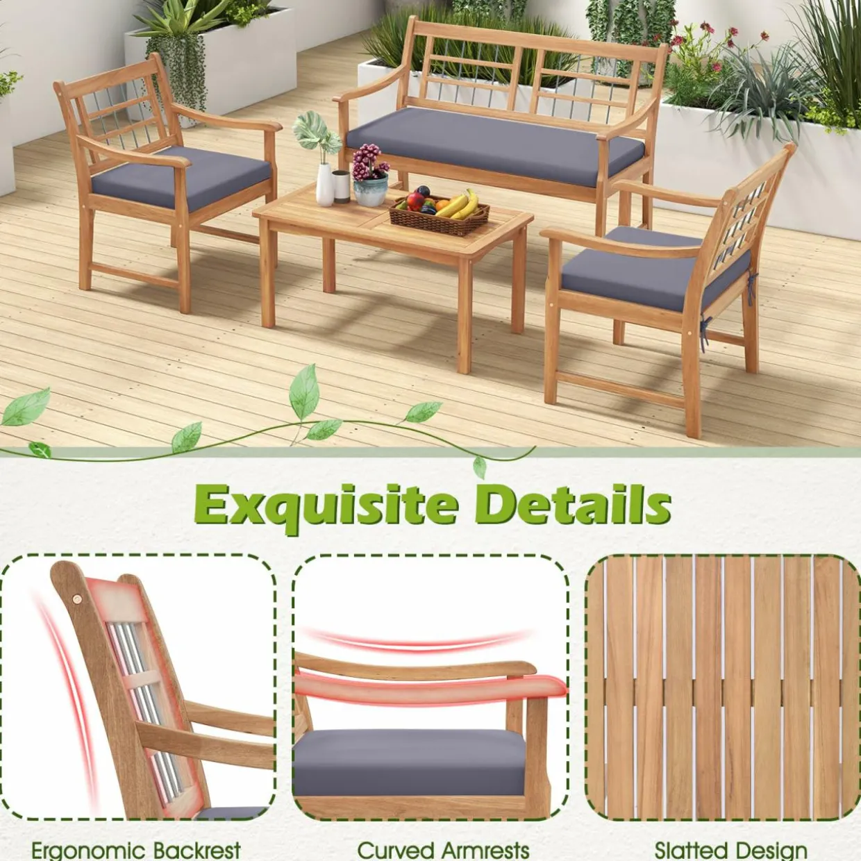 Tangkula 4 Piece Wood Patio Furniture Set, Outdoor Conversation Set w/Soft Seat Cushions