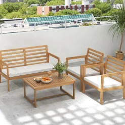 Tangkula 4 Piece Wood Patio Conversation Set, Patio Furniture Set w/Seat Cushions