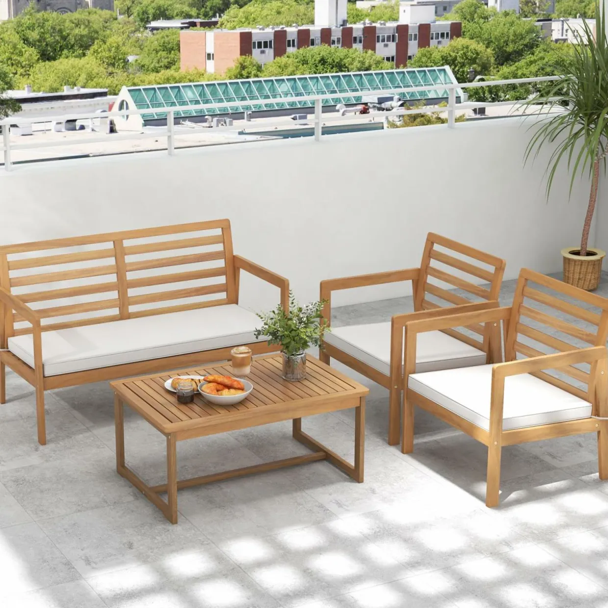 Tangkula 4 Piece Wood Patio Conversation Set, Patio Furniture Set w/Seat Cushions