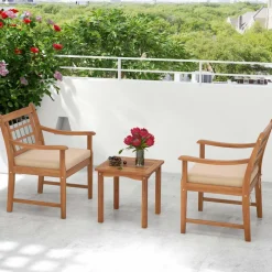 Tangkula 3 Piece Wood Patio Furniture Set, Outdoor Bistro Set w/Soft Seat Cushions