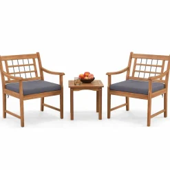 Tangkula 3 Piece Wood Patio Furniture Set, Outdoor Bistro Set w/Soft Seat Cushions