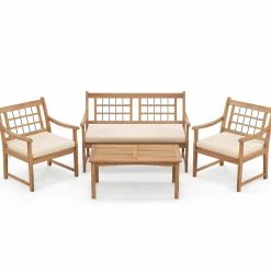 Tangkula 4 Piece Wood Patio Furniture Set, Outdoor Conversation Set w/Soft Seat Cushions