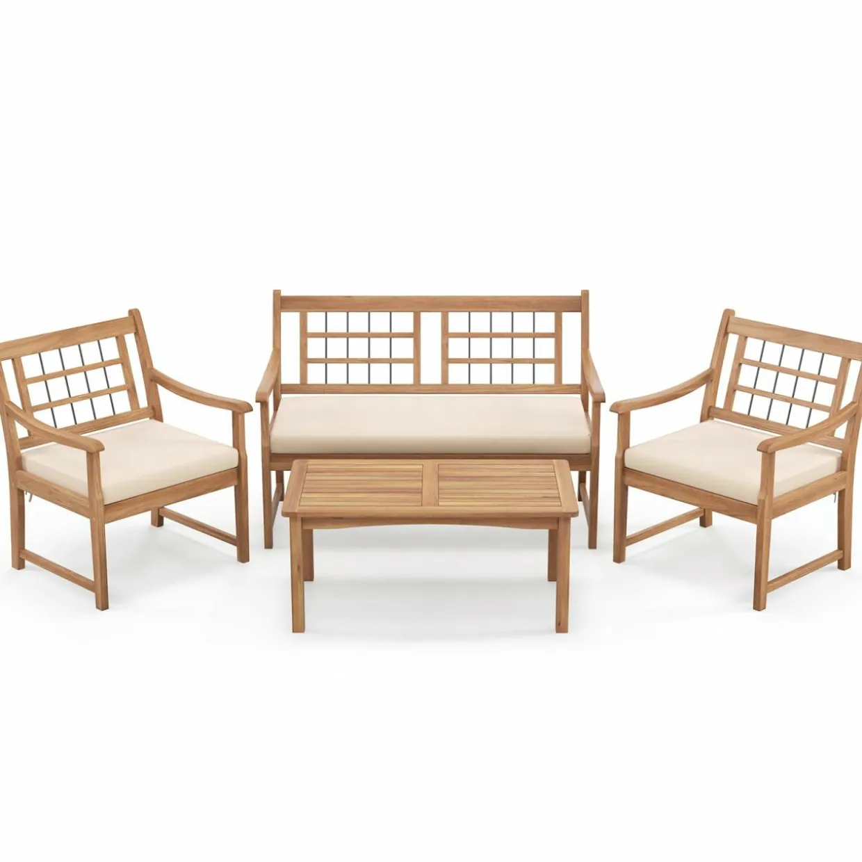 Tangkula 4 Piece Wood Patio Furniture Set, Outdoor Conversation Set w/Soft Seat Cushions