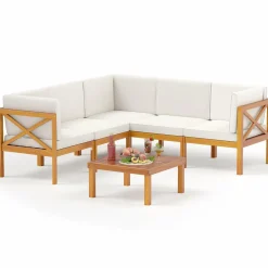 Tangkula 6 Pieces Acacia Wood Patio Furniture Set, Outdoor Sectional Conversation Set with Cushions and Coffee Table
