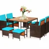 Tangkula 9 Pieces Acacia Wood Patio Dining Set, Space Saving Wicker Chairs and Wood Table with Umbrella Hole Outdoor Furniture Set