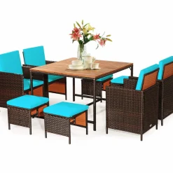 Tangkula 9 Pieces Acacia Wood Patio Dining Set, Space Saving Wicker Chairs and Wood Table with Umbrella Hole Outdoor Furniture Set