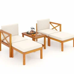 Tangkula 5 Pieces Acacia Wood Patio Chaise Lounge Chair Set with Ottomans and Cushions