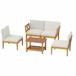 Tangkula 5/10 Pieces Acacia Wood Patio Furniture Set, Outdoor Sectional Conversation Set with Cushions