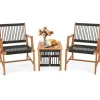 Tangkula 3 Pieces Acacia Wood Outdoor Furniture Set, All-Weather Rope Woven Bistro Set with Armchairs and Coffee Table